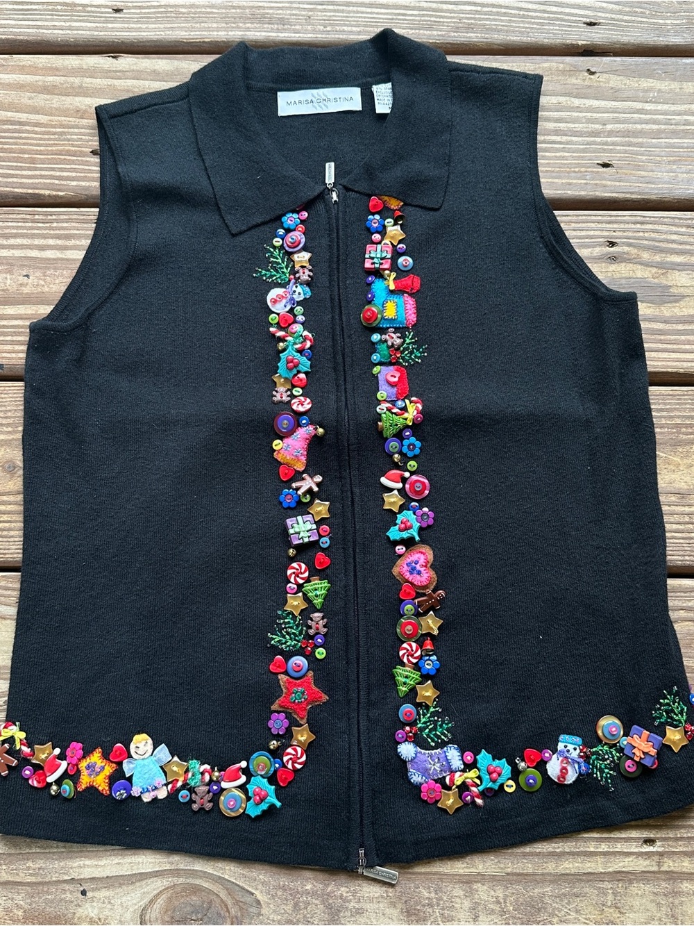 Vintage 90s Marisa Christina Christmas Sweater Vest Button Embellished Zip Up  M